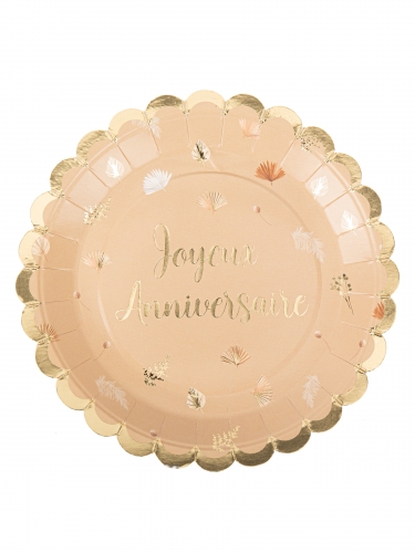 8 Assiettes en carton festonnées Joyeux anniversaire Boho blush et or 23 cm