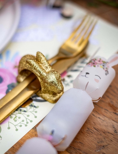 2 ronds de serviettes lapin paillettes or 4,5 x 8 cm pour Pâques