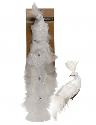Oiseau blanc sur pince 36 cm en plumes