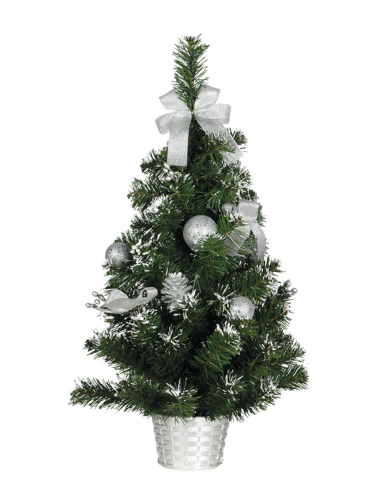 Sapin sur pied avec décorations argentées 60 cm aspect enneigé