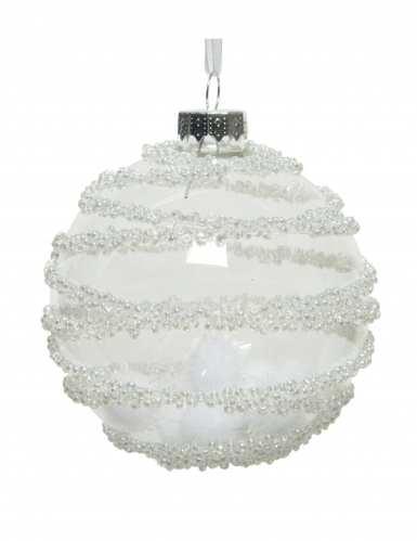 3 boules en verre transparentes avec pompons 8 cm, décor neige