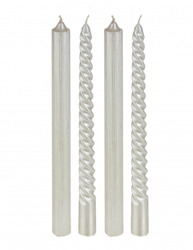 4 bougies chandelles blanches et paillettes 25 cm torsadées