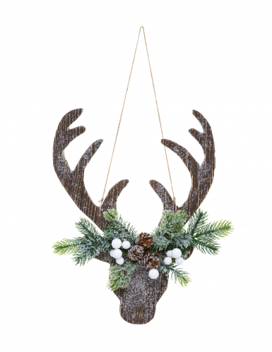 Suspension tête de renne 34 cm en bois de Noël