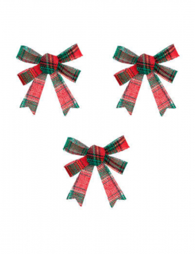 3 nœuds de Noël motif tartan vert et rouge 10 x 12 cm