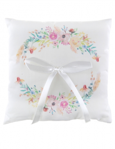 Coussin d'alliances mariage fleuri 18 x 18 cm en coton