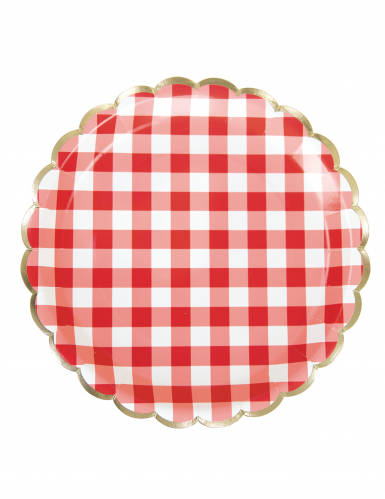 8 assiettes festonnées en carton vichy rouge et blanc 23 cm