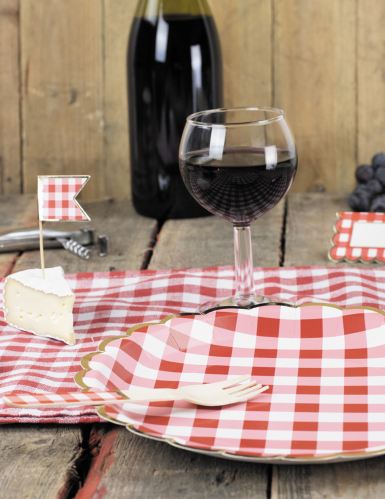 8 assiettes festonnées en carton vichy rouge et blanc 23 cm