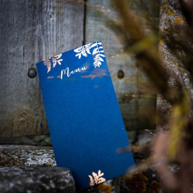 10 menus fougères marine et cuivre 22,5 x 11 cm pour mariage