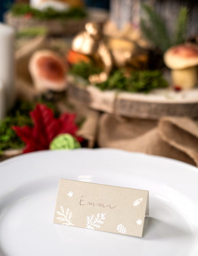 8 marque-places Noël botanique vert de gris et feuillage blanc