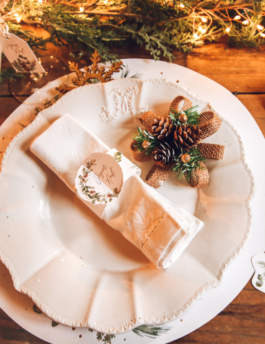 8 ronds de serviette joyeux noël forêt enchantée blanc et doré