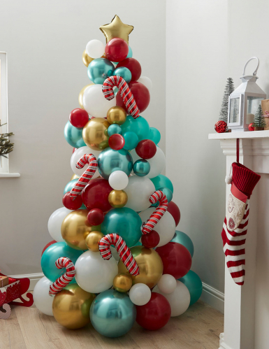 Sapin de noël en ballons rouge, vert et or avec canne à sucre 180 cm