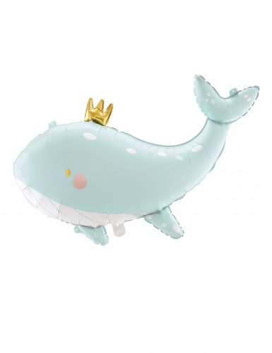Ballon en aluminium baleine bleu ciel 78 x 50 cm avec couronne dorée