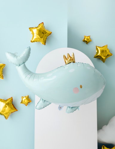 Ballon en aluminium baleine bleu ciel 78 x 50 cm avec couronne dorée