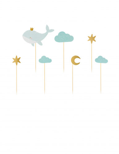 7 cake toppers baleine bleu ciel 11 x 14 cm doré nuage