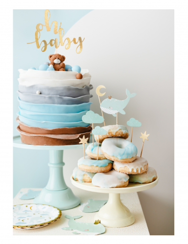 7 cake toppers baleine bleu ciel 11 x 14 cm doré nuage