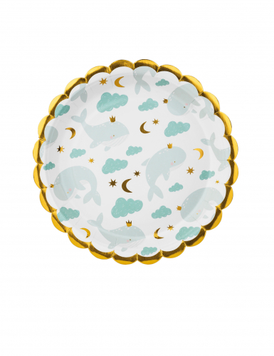 6 Petites assiettes en carton festonnées baleine bleu ciel 18 cm