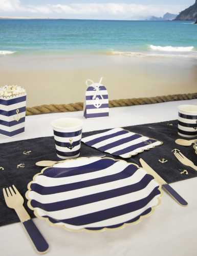8 assiettes festonnées en carton marinière 23 cm bord doré