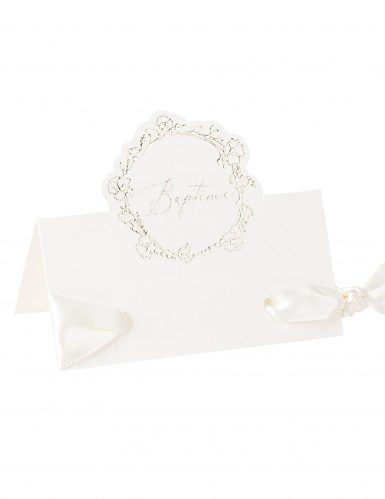 10 marque-place baptême papier 8 x 6,5 cm motif floral doré