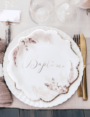 8 assiettes baptême pampas et fleurs de coton 23 cm en carton