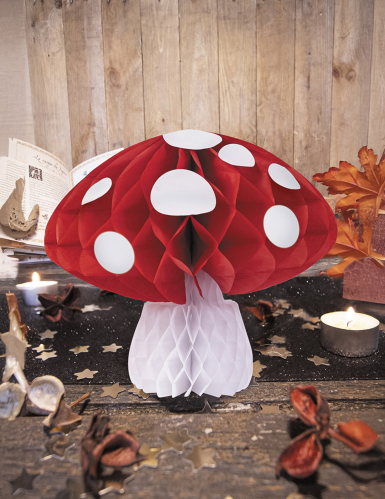 Décoration grand champignon alvéolé 21 cm rouge et blanc