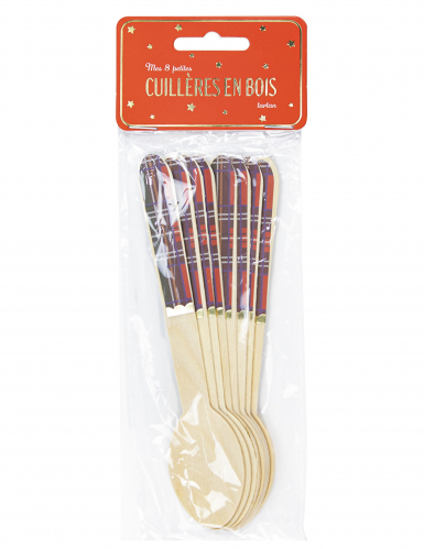 8 petites cuillères en bois tartan de Noël 16 cm à galon doré