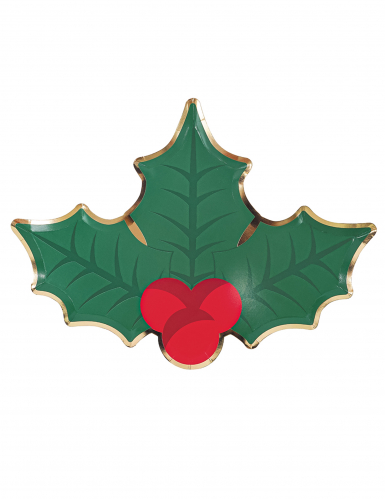 8 assiettes en carton houx de noël 23 cm forme feuille