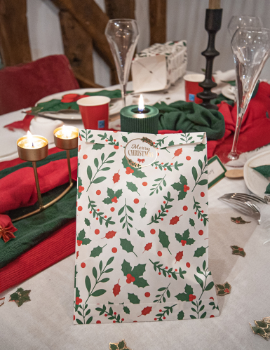 8 pochettes cadeaux houx de Noël en papier
