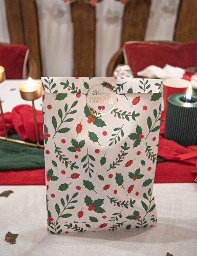 8 pochettes cadeaux houx de Noël en papier