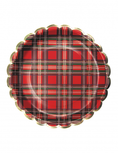 8 assiettes festonnées en carton tartan de Noël 23 cm bordure dorée