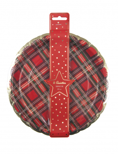 8 assiettes festonnées en carton tartan de Noël 23 cm bordure dorée