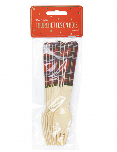 8 fourchettes en bois tartan de Noël 16 cm jetables