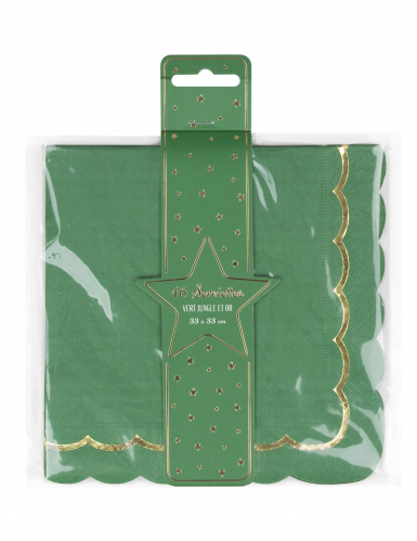 16 serviettes festonnées en papier vert et or 33 x 33 cm pour Noël
