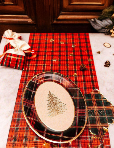 4 plateaux en carton tartan de Noël ovales 31,5 x 26 cm