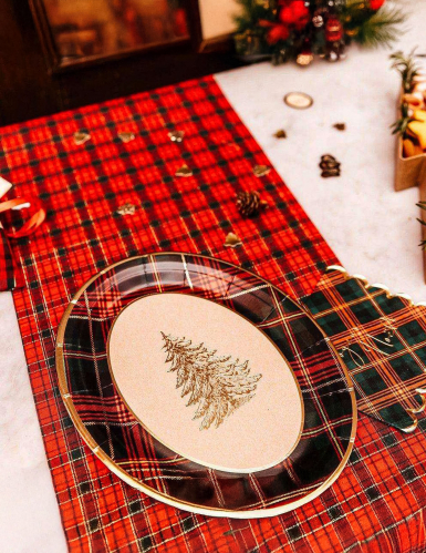 4 plateaux en carton tartan de Noël ovales 31,5 x 26 cm