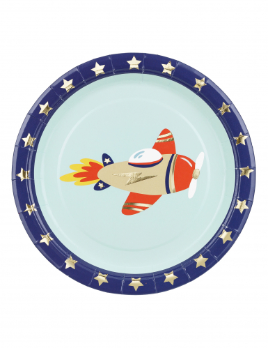 6 assiettes petit avion 18 cm en carton bleu