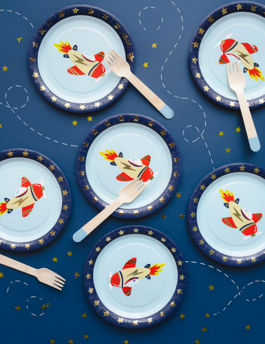 6 assiettes petit avion 18 cm en carton bleu