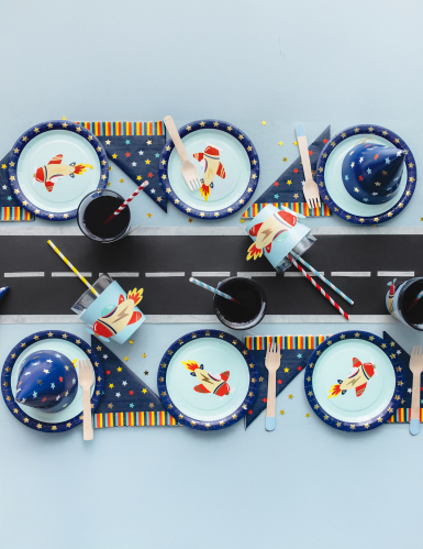 6 assiettes petit avion 18 cm en carton bleu