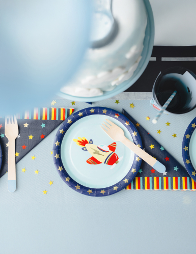 6 assiettes petit avion 18 cm en carton bleu