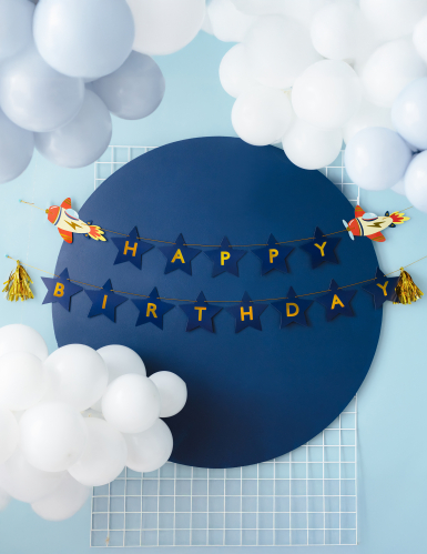 Guirlande happy birthday petit avion 2,5 m bleu et doré