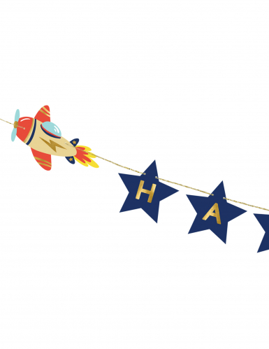 Guirlande happy birthday petit avion 2,5 m bleu et doré