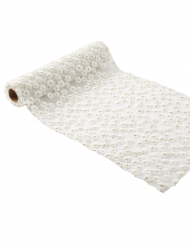Chemin de table voile brodé blanc et or 24cm x 3m à fleurs