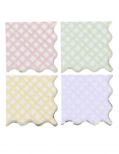 16 serviettes papier lilas, rose, jaune, vert et or 33x33cm à motifs carreaux