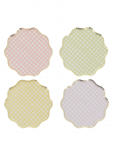 8 assiettes carton lilas, rose, jaune, vert et or 23cm festonnées à carreaux pastel