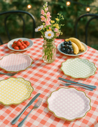 8 assiettes carton lilas, rose, jaune, vert et or 23cm festonnées à carreaux pastel