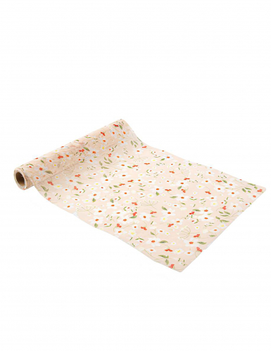 Chemin de table tissu beige, blanc, vert et pêche 26cmx5m à motifs floraux
