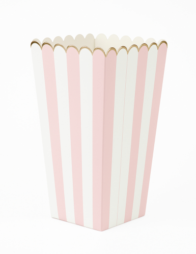 8 boîtes à pop corn rose pastel et blanche 12,5 x 7 cm en carton rayé doré