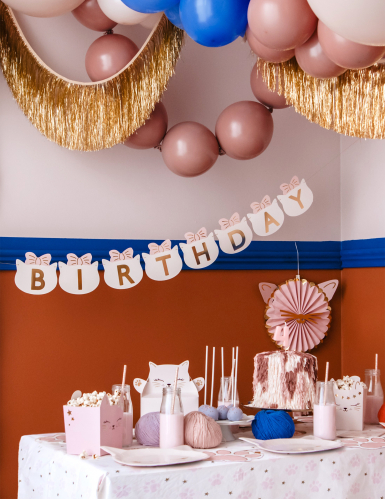 Guirlande happy birthday chatons 2,8 m aux nœuds roses