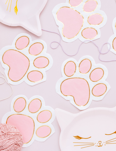 12 serviettes en papier pattes de chat rose pastel et doré