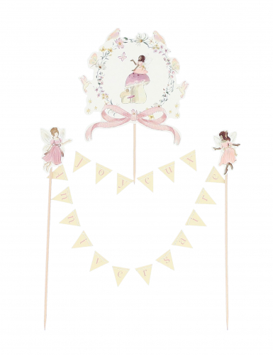Cake topper guirlande joyeux anniversaire fée avec médaillon 12 cm pastel et fleurs