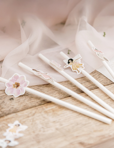 12 pailles fée papier blanc et rose pastel 19,5 cm pour anniversaire enfant